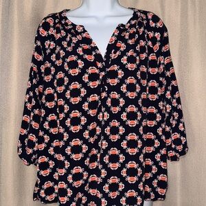 Crown & Ivy Blue & Coral v-neck blouse with crab print